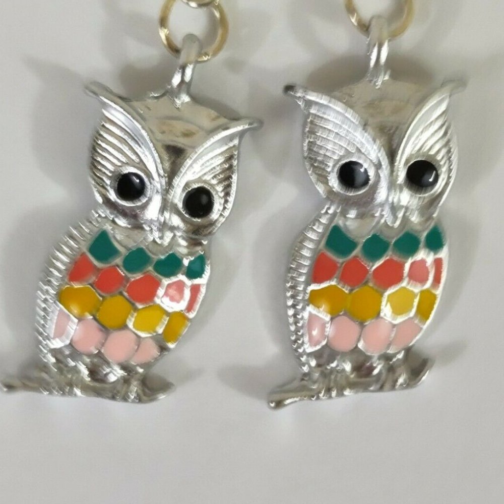 Owl wire dangle enamel earrings silver tone